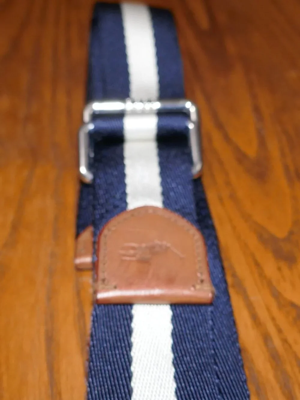Polo Ralph Lauren Navy and White Striped Fabric Webbed Belt Leather Trim 42